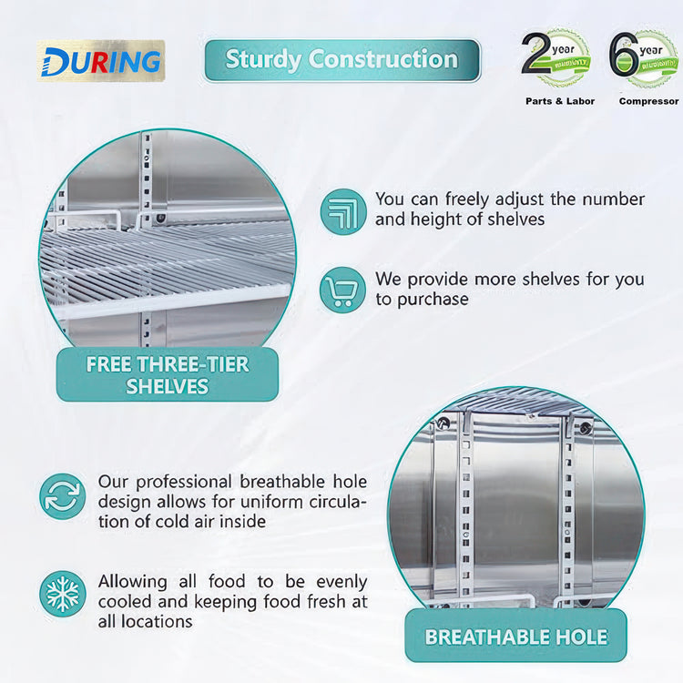 Advertisement for DURING shelving system with features highlighted on a light gray background.