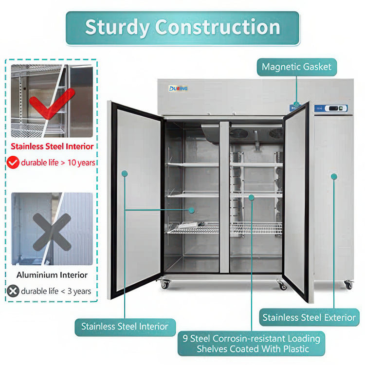 Sturdy construction of a refrigerator with highlighted features like stainless steel interior and magnetic gasket.