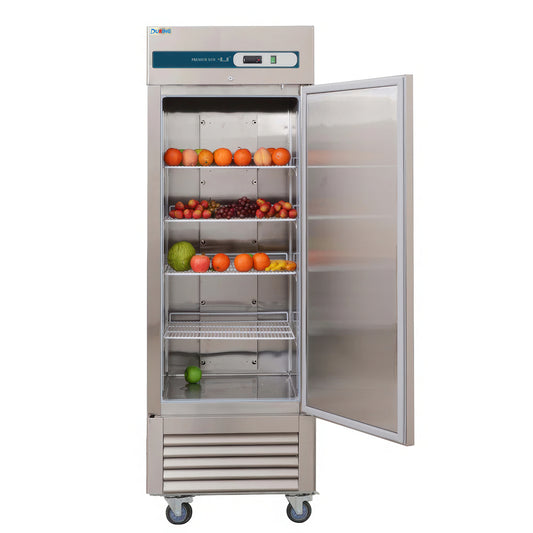 Commercial refrigerator with open door displaying various fruits and vegetables on shelves.
