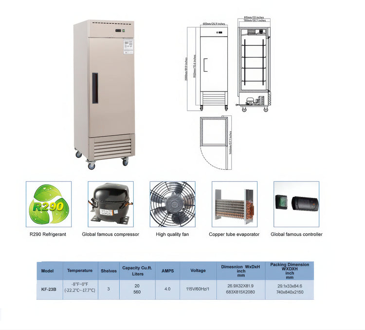 Commercial refrigerator with technical specifications and component illustrations on a white background