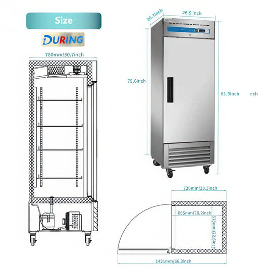 Stainless steel refrigerator with dimensions labeled, featuring the brand 'DURING'.