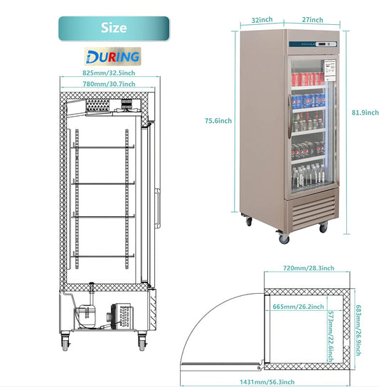 Measurement chart of a refrigerator with dimensions labeled, featuring the brand 'DURING'.