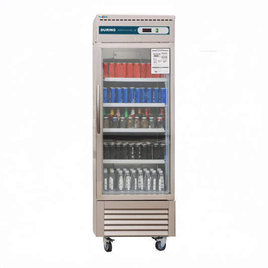 Commercial refrigerator with glass door displaying various bottles on a white background