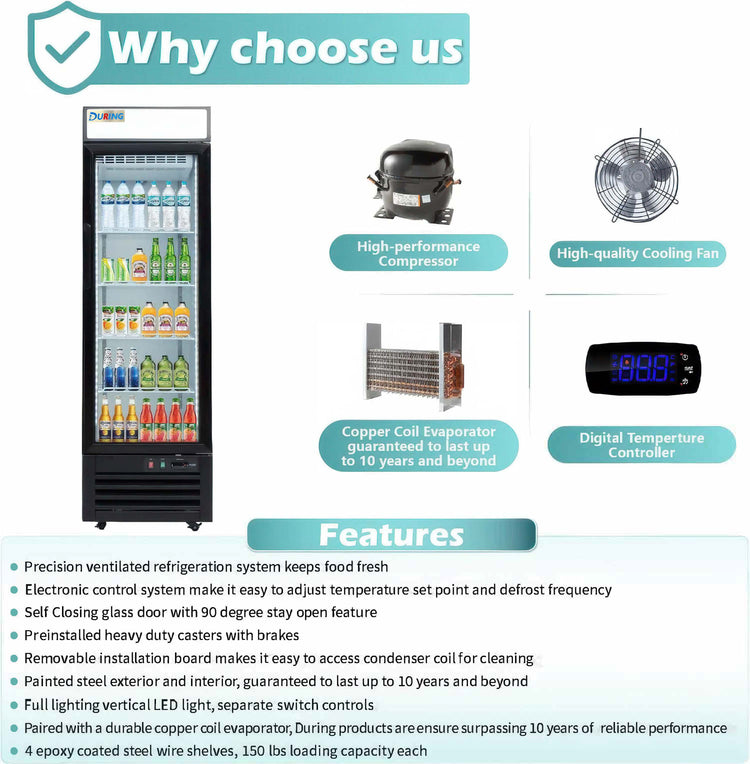 Advertisement for a commercial refrigerator with features listed on a white background