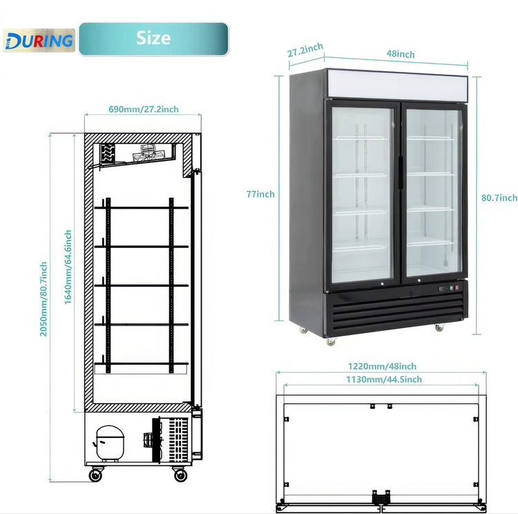 Measurement chart of a refrigerator and a shelf with dimensions labeled.