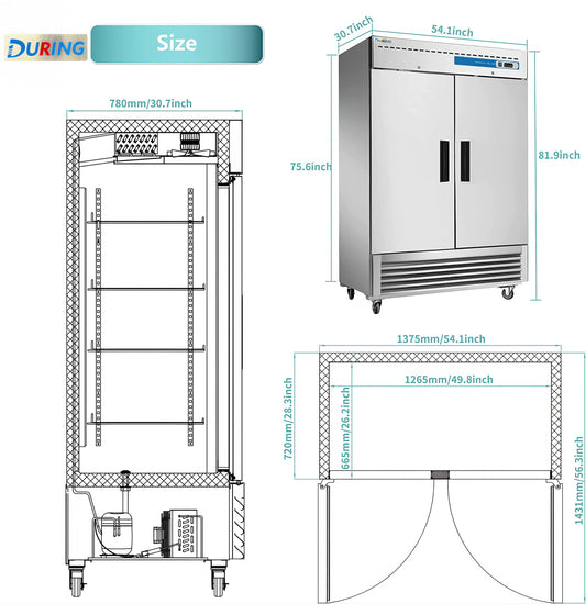 Stainless steel refrigerator with dimensions labeled on a white background