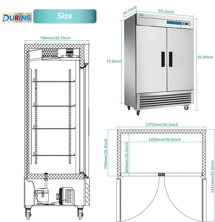 Stainless steel refrigerator with dimensions labeled on a white background