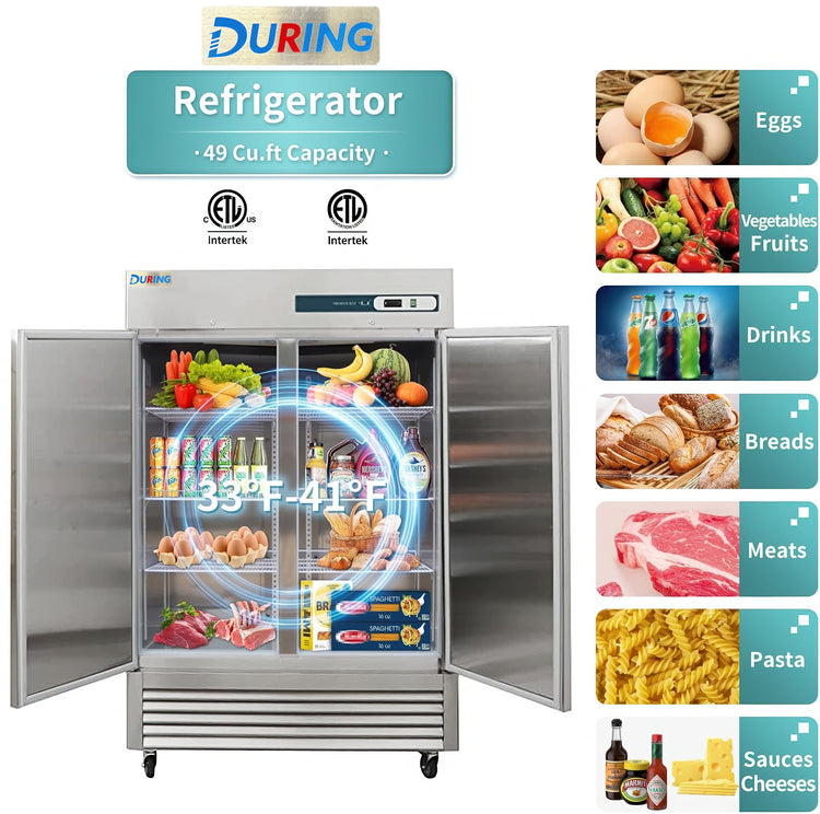 Refrigerator with open doors displaying food items and brand logos.