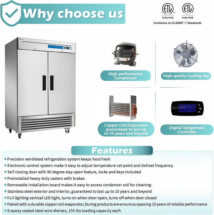 Commercial refrigerator with features listed on a white background