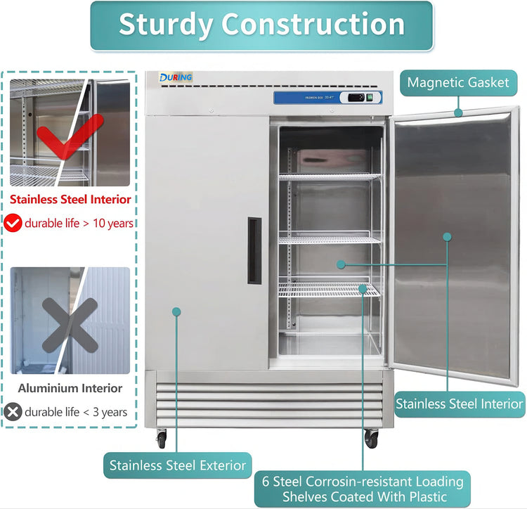 Stainless steel refrigerator with features highlighted on a white background