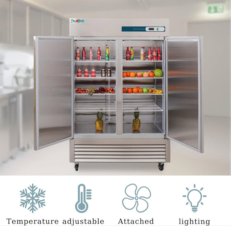Commercial refrigerator with open doors displaying food items in a kitchen setting.