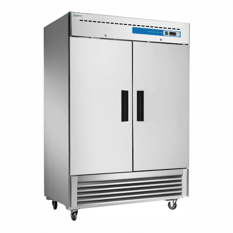 Commercial refrigerator with double doors on a white background