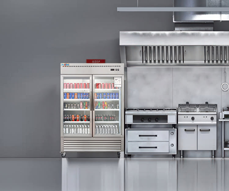 Commercial kitchen with stainless steel refrigerator and stove