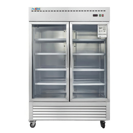 Commercial refrigerator with glass doors on a white background