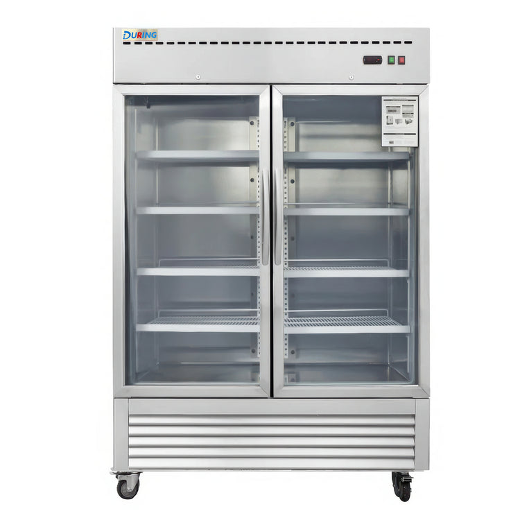 Commercial refrigerator with glass doors on a white background