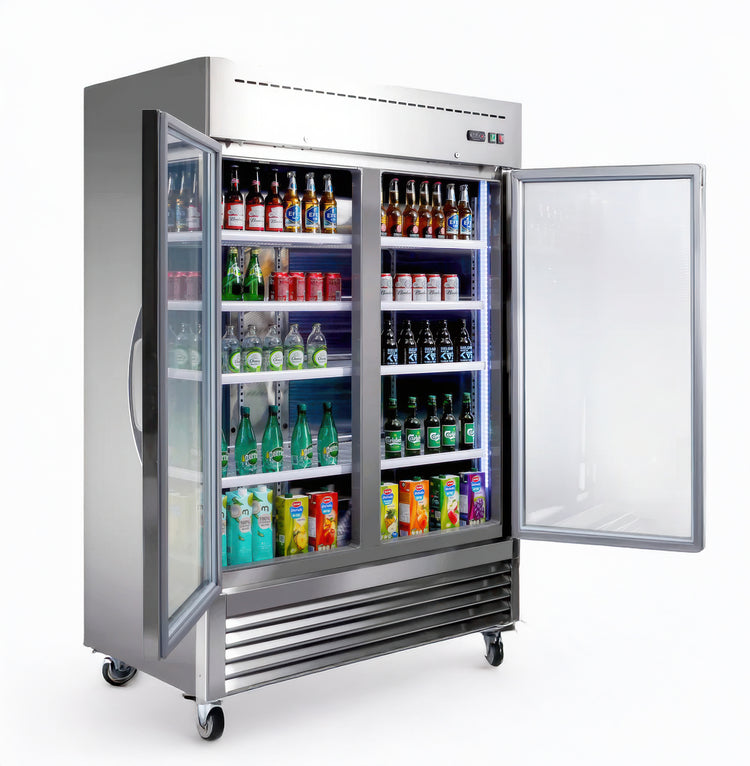 Commercial refrigerator with doors open, displaying various drinks on a white background