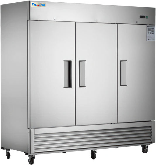 Stainless steel freezer with three doors on a white background