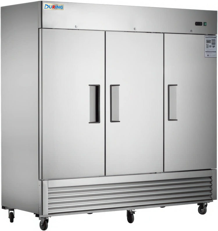 Stainless steel freezer with three doors on a white background