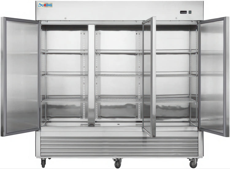 Stainless steel commercial refrigerator with open doors on a white background