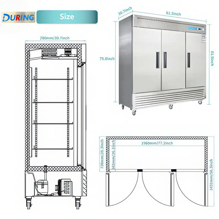 Measurement chart of a commercial kitchen refrigerator with dimensions labeled.