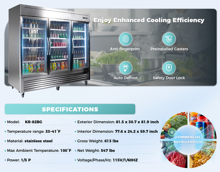 Commercial refrigerator with features and specifications displayed on a blue background