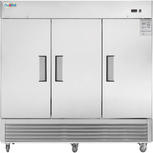 Stainless steel refrigerator with three doors on a white background