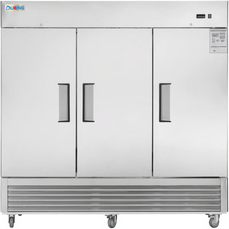 Stainless steel refrigerator with three doors on a white background