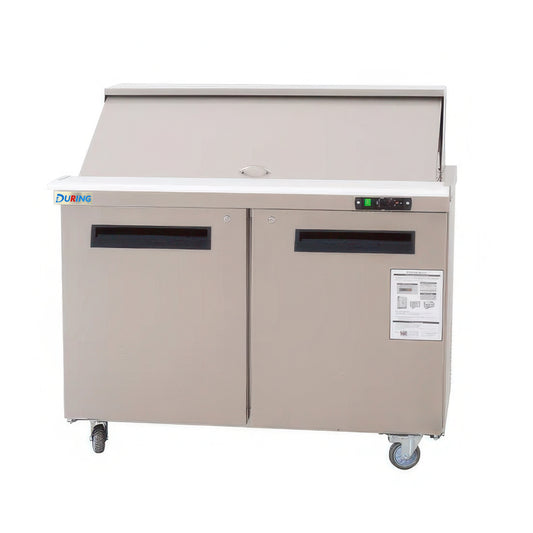 Beige refrigerated counter with two doors on a white background