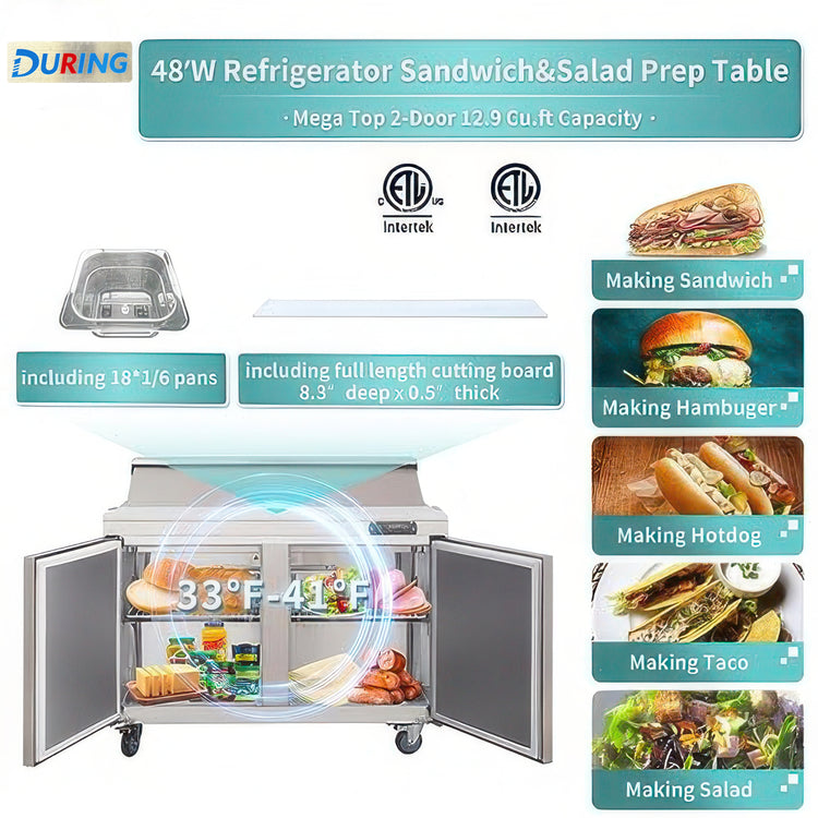Refrigerator sandwich and salad prep table with features and uses displayed.