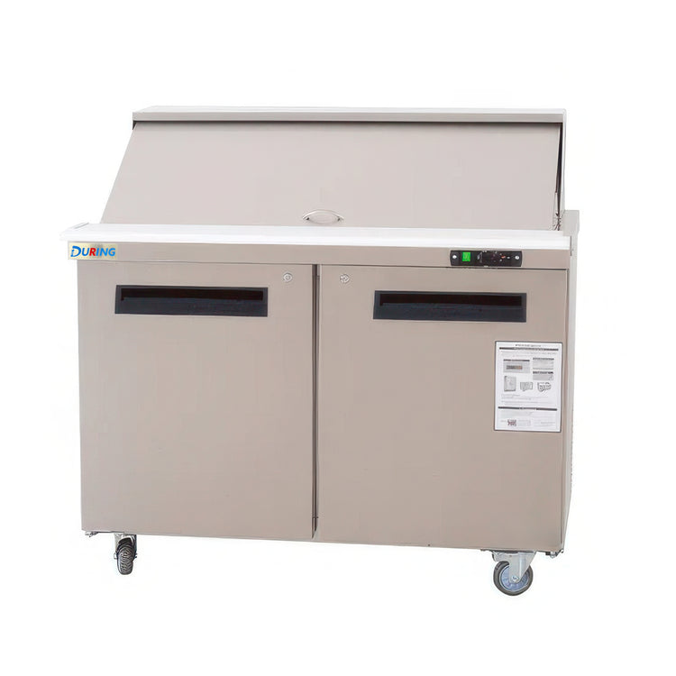 Beige refrigerated counter with two doors on a white background