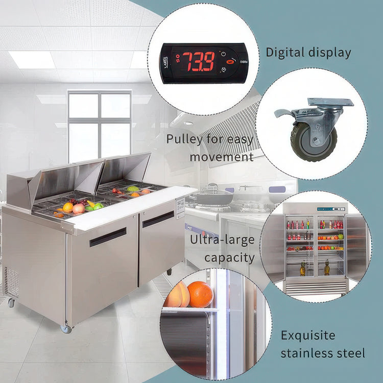 Stainless steel refrigeration unit with digital display, pulley system, and large capacity features.