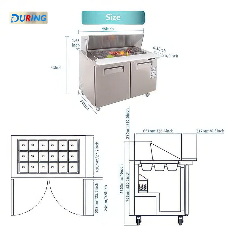 Technical drawing and dimensions of a DURING refrigerator with various measurements labeled.