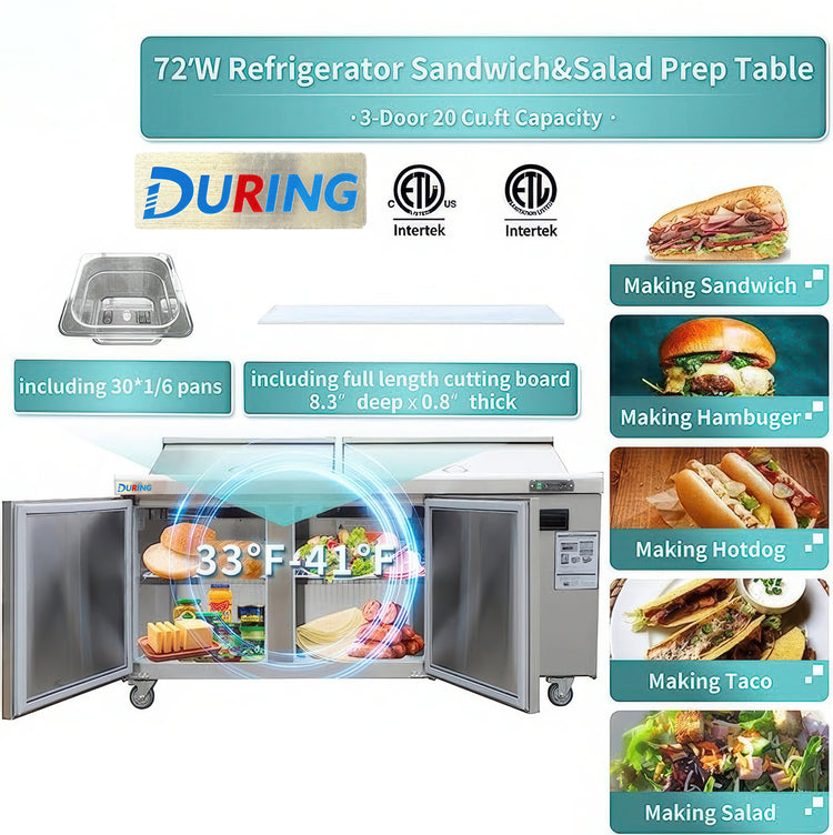 72-inch wide refrigerator with sandwich and salad prep table, featuring Durang logo and Intertek certification.