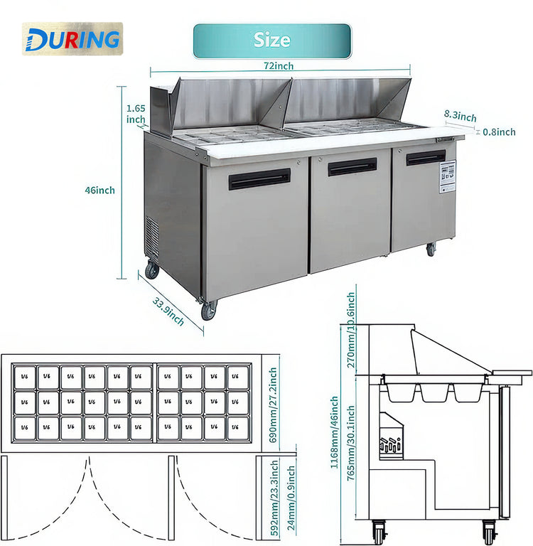 Stainless steel refrigerator with dimensions and features displayed
