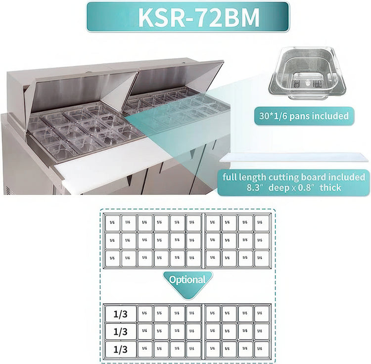 Commercial kitchen equipment with cutting board and pans, featuring KSR-72BM model name.