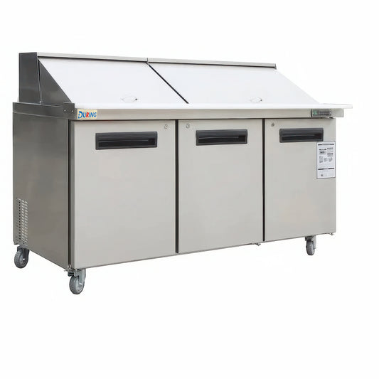 Stainless steel refrigerated counter with a white top on a white background