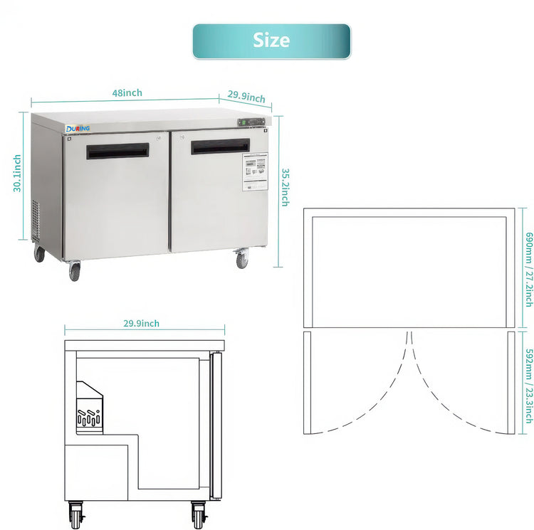 Measurement chart of a commercial refrigerator with dimensions labeled.