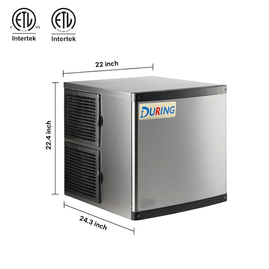 Stainless steel freezer with dimensions labeled, featuring the DURING brand.