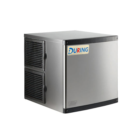 Stainless steel ice machine with DURING logo on a white background