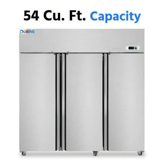 Stainless steel commercial refrigerator with '54 Cu. Ft. Capacity' text and Dukers logo.
