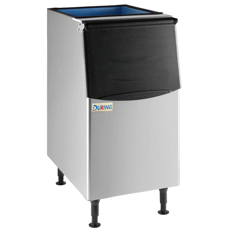 Stainless steel trash bin with black liner on a white background, featuring the DURING brand.
