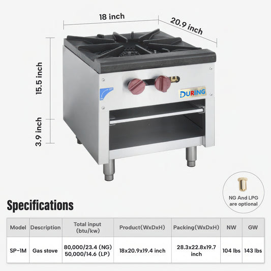 Gas stove with dimensions and specifications on a white background