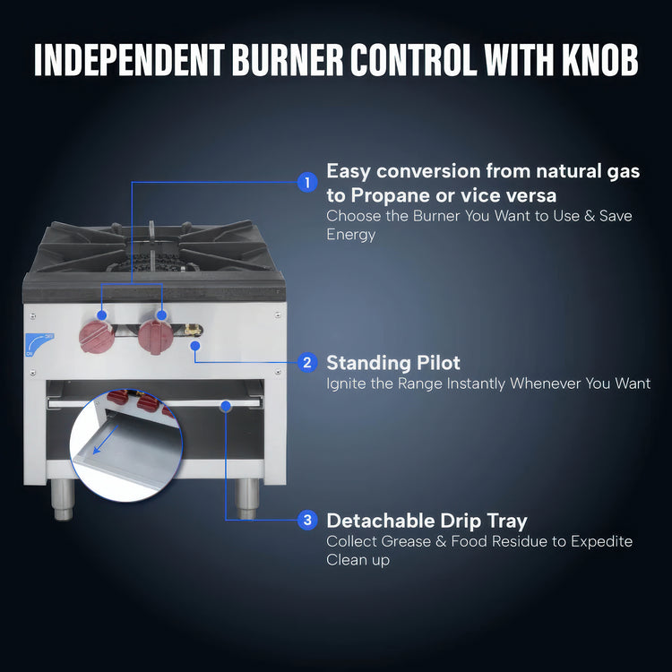 Stove with independent burner control features on a dark background