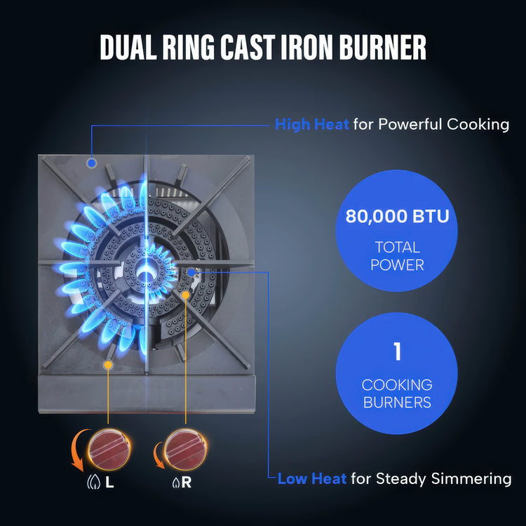Dual ring cast iron burner with high and low heat capabilities on a dark background