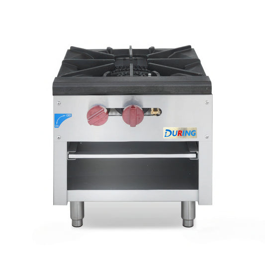 Stainless steel gas stove with two burners on a white background, featuring the DURING brand.