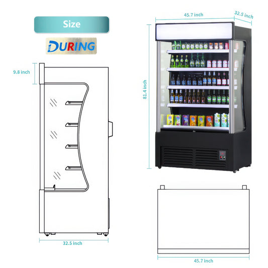 Vending machine with dimensions and a diagram of its layout