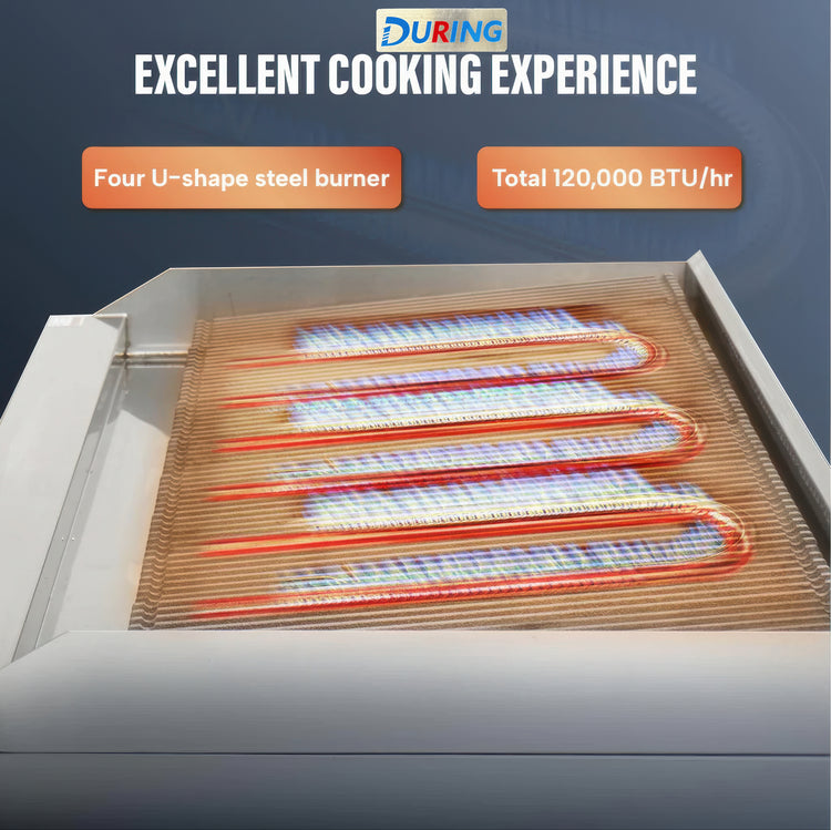 Four U-shape steel burners with DURING branding and text about cooking experience and BTU output.