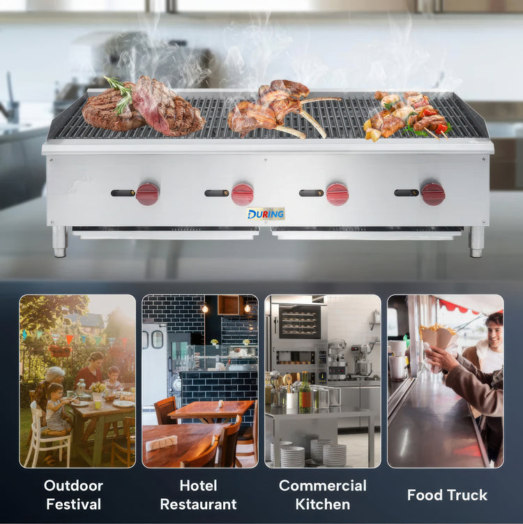 Commercial grill with food being cooked, featuring the DURING brand, with images of outdoor festival, hotel restaurant, commercial kitchen, and food truck below.