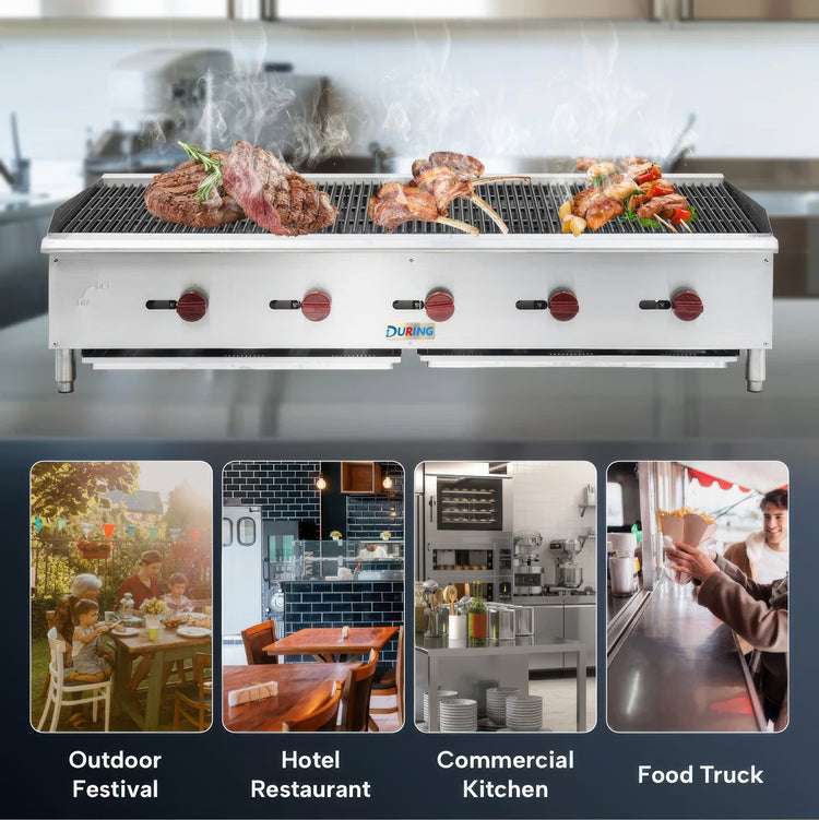 Stainless steel grill with food on a kitchen counter, featuring Durim brand. Images of outdoor festival, hotel restaurant, commercial kitchen, and food truck are displayed below.