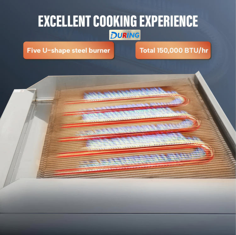 DURING stove top with U-shaped steel burners and text about cooking experience and specifications.